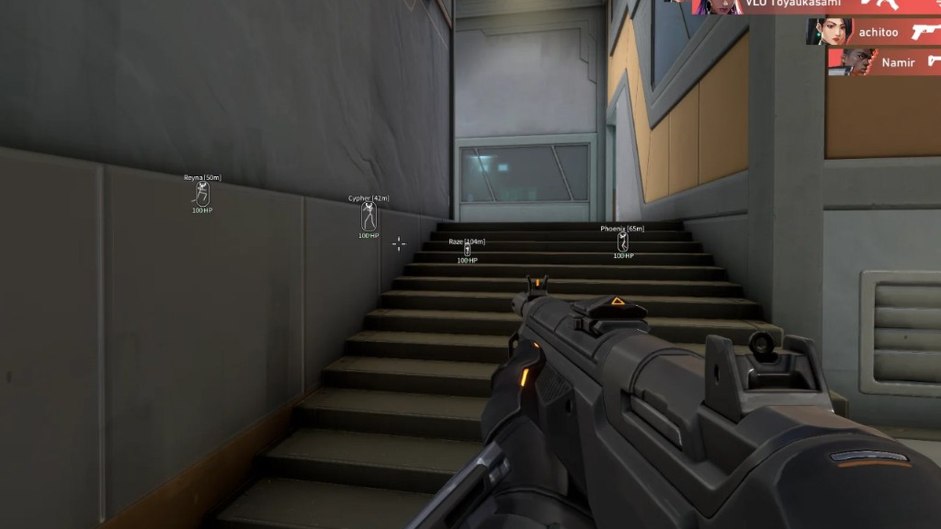 Valorant ESP distance markers showing enemies through stairs and walls